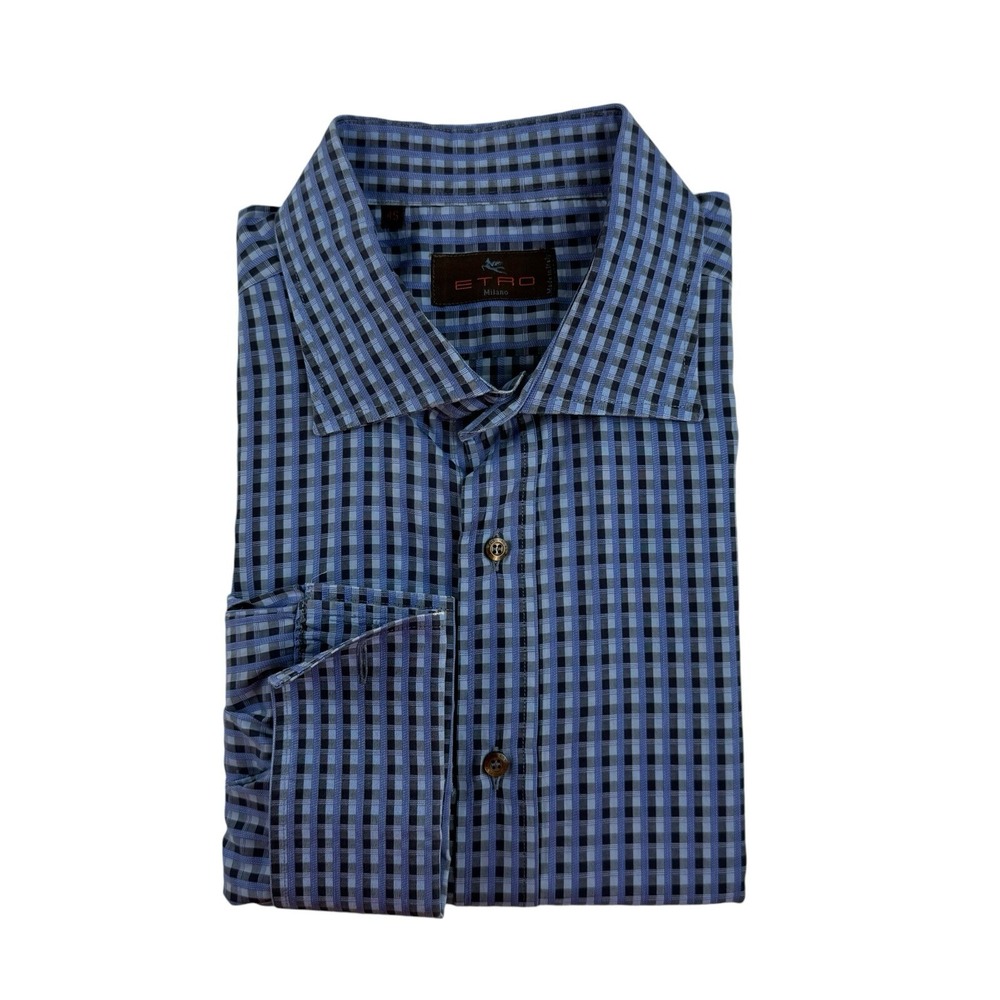 Etro Milano Blue Navy Checked Cotton Mens Button Front Shirt Size 45
